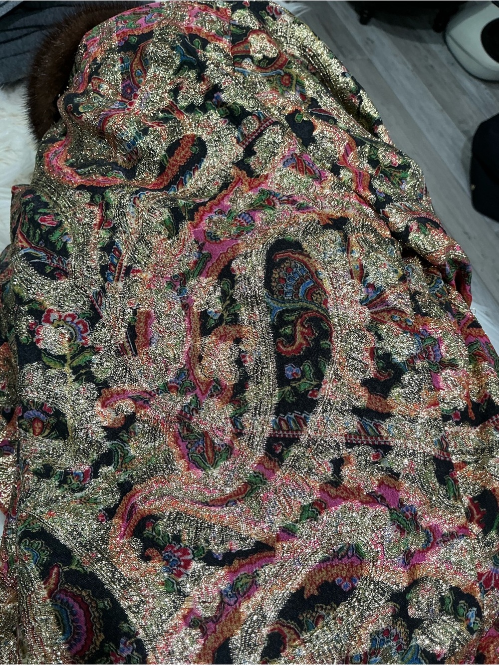 Women's Paisley Brocade Coat with Brown Fur Trim - Picture 11 of 11